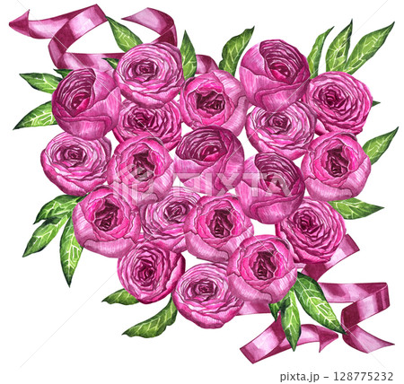 Pink peonies hearts flowers watercolor illustration painting botanical art transparent greeting card stationary wedding bridal home decor. 128775232