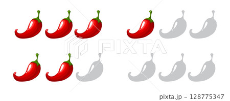 Pepper Spicy chili pepper level scale icon, label. Traditional Mexican, Chinese, asian spicy levels. mild, spicy, hot. Chili pepper red outline icon 128775347