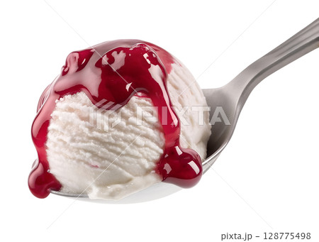 Indulge in the luscious sweetness of creamy vanilla ice cream perfectly topped with vibrant cherry sauce, a delightful treat for any occasion. 128775498