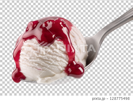 Indulge in the luscious sweetness of creamy vanilla ice cream perfectly topped with vibrant cherry sauce, a delightful treat for any occasion. 128775498