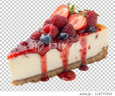 Indulge in a delectable slice of creamy cheesecake crowned with vibrant fresh berries and a rich berry coulis, perfect for dessert inspiration. Indulge in a delectable slice of creamy cheesecake crowned with vibrant fresh berries and a rich berry coulis, perfect for dessert inspiration. 128775501