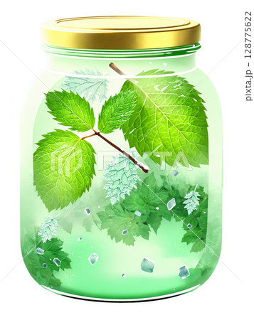 Cool green glass jar with a refreshing design, set against a backdrop of icy mint leaves and frosty mist 128775622