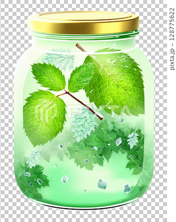 Cool green glass jar with a refreshing design, set against a backdrop of icy mint leaves and frosty mist 128775622