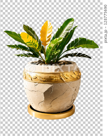 Zamioculcas in stone pot with gold accents, natural sunlight, floating display, premium photography, clear background 128775690