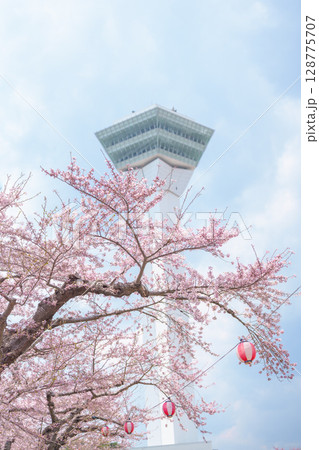Beautiful Sakura Cherry Blossom in Spring season. Goryokaku Tower park in Hakodate city, Hokkaido prefecture, Japan. famous Landmark, Japan Travel and Vacation destination 128775707