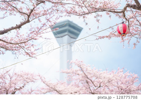 Beautiful Sakura Cherry Blossom in Spring season. Goryokaku Tower park in Hakodate city, Hokkaido prefecture, Japan. famous Landmark, Japan Travel and Vacation destination 128775708