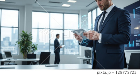 Cloud Computing - Businessman Accessing Data on Digital Cloud Platform A businessman is interacting with a digital cloud computing interface Cloud Computing - Businessman Accessing Data on Digital Cloud Platform A businessman is interacting with a digital cloud computing interface 128775723