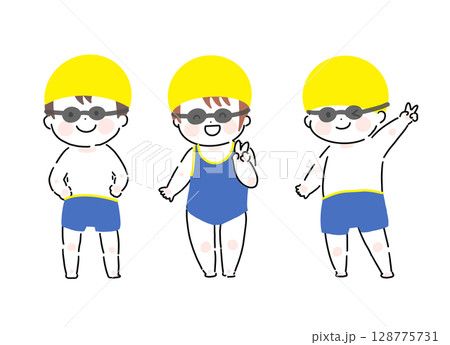 プールに通う子どもたち黄色帽ゴーグル 128775731