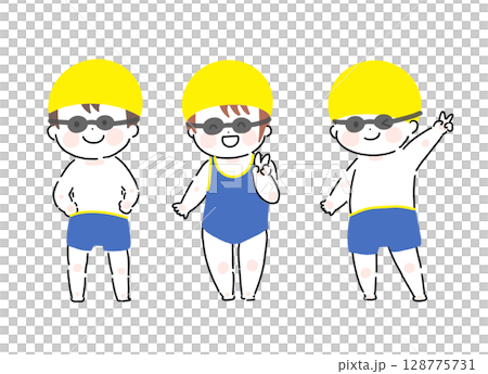 プールに通う子どもたち黄色帽ゴーグル 128775731