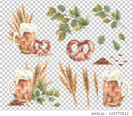 Pint of Beer set. Beer mugs with pretzel, hops and malt brewing ingredients. Hand painted Natural foamy beverage for drink menu, brewery label. Watercolor isolated clipart set make your own 128775812