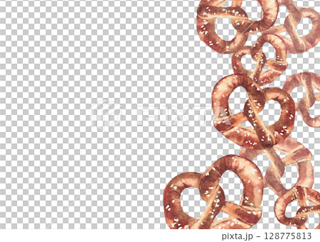 Pretzel with or without salt rectangular frame. Traditional German bretzel. Watercolor hand drawn Oktoberfest traditional food, Germany baked snack illustration Isolated from white background template Pretzel with or without salt rectangular frame. Traditional German bretzel. Watercolor hand drawn Oktoberfest traditional food, Germany baked snack illustration Isolated from white background template 128775813