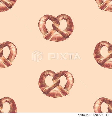 Pretzel watercolor seamless pattern. German delicious food realistic painted illustration. Bakery snack packing. Oktoberfest festival clipart for kitchen fabric isolated on pastel coloured background 128775819