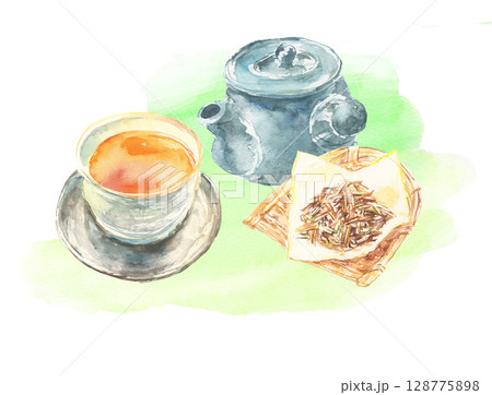 水彩で描いたほうじ茶のイラストセット 128775898