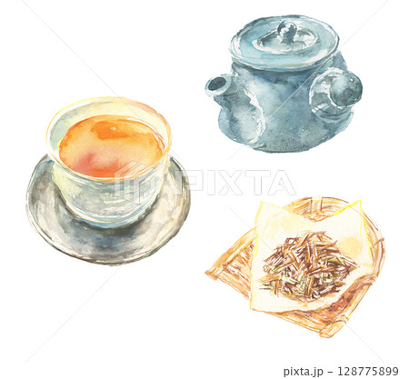 水彩で描いたほうじ茶のイラストセット 128775899