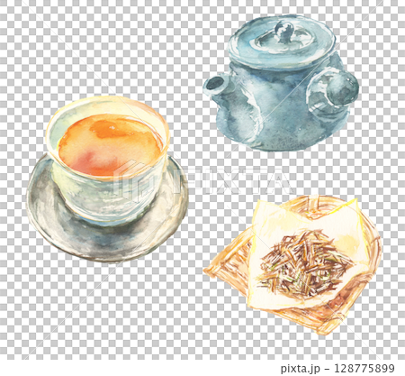 Watercolor illustration set of roasted green tea 128775899