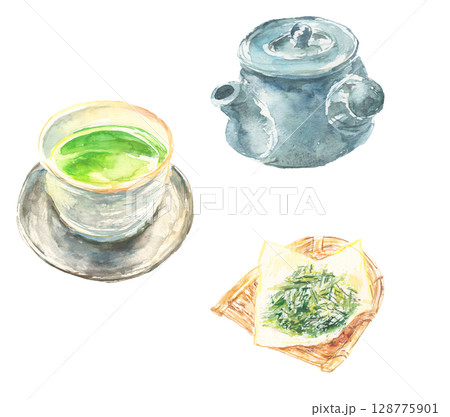 水彩で描いた緑茶のイラストセット 128775901