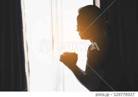 people and hope concept. happy woman opening window curtains. Hands, palms of person for support, giving and hope. hand gesture for kindness with help, community, gratitude or cupping for thank you. 128776027