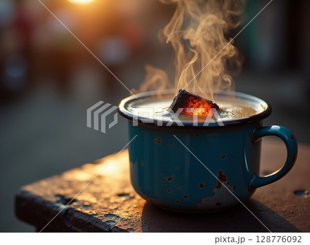 Traditional Charcoal Coffee Kopi Arang with Dramatic Steam in Enamel Mug 128776092