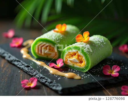 Gourmet Dadar Gulung with Toasted Coconut Flakes and Floral Garnish Gourmet Dadar Gulung with Toasted Coconut Flakes and Floral Garnish 128776098