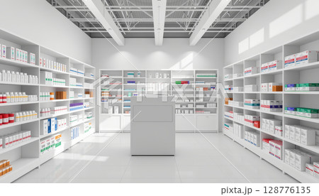 Bright pharmacy layout with modular shelves, organized products, and ample lighting creates welcoming atmosphere Bright pharmacy layout with modular shelves, organized products, and ample lighting creates welcoming atmosphere 128776135