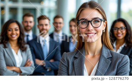 Confident woman in glasses leading diverse business team, showcasing professionalism and teamwork in modern office environment 128776270