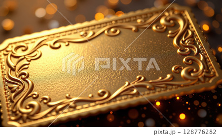 Closeup of ornate gold ticket featuring intricate designs and shimmering surface, evoking sense of luxury and elegance 128776282