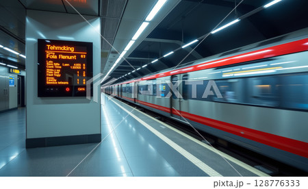 Modern transit environment with clean lines and digital display showing train information. atmosphere is efficient 128776333