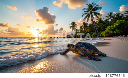 Serene tropical beach scene featuring turtle shore, with palm trees and vibrant sunset background. tranquil waves gently lap 128776346