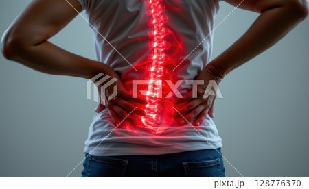 Person experiencing back pain with glowing spine illustration, highlighting discomfort and health concerns 128776370