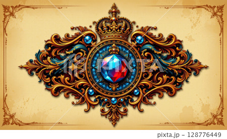 Vibrant vintage royal emblem featuring intricate designs and colorful gemstone centerpiece, exuding elegance and luxury 128776449