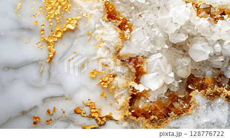 Abstract close-up of a marble surface with gold and crystal elements, showcasing natural texture and luxury design details. 128776722