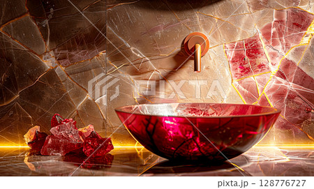 Luxurious Red Glass Sink with Glossy Marble Background 128776727