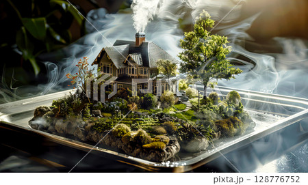 Enchanting miniature house surrounded by misty landscape and greenery 128776752