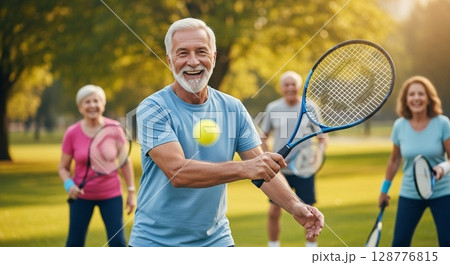 シニア男性が屋外でテニスを楽しむ笑顔のひととき 128776815