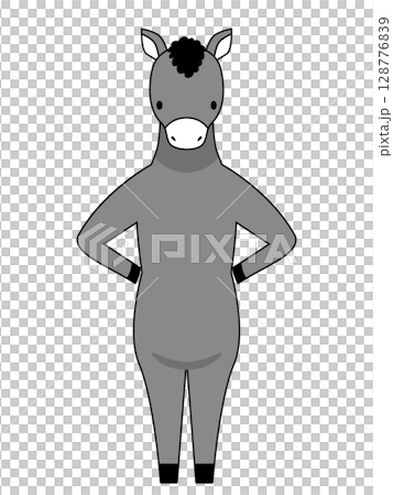 腰に手を当てた馬の全身イラスト、モノクロ 128776839