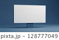 A blank, rectangular sign stands against a solid, blue background, ready for text. 128777049