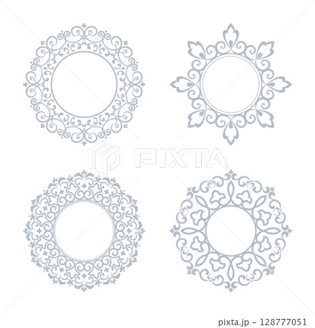 Set of decorative frames Elegant vector element for design in Eastern style, place for text. Floral gray and white borders. Lace illustration for invitations and greeting cards 128777051