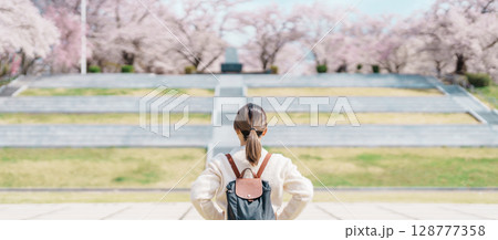 Woman tourist sightseeing Tendo Park or Maizuru Park with Sakura Cherry Blossom in Spring, happy traveler travel in Yamagata prefecture, Tohoku, Japan. famous Landmark for Travel and Vacation 128777358