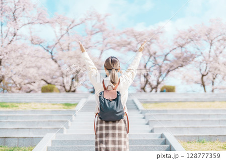 Woman tourist sightseeing Tendo Park or Maizuru Park with Sakura Cherry Blossom in Spring, happy traveler travel in Yamagata prefecture, Tohoku, Japan. famous Landmark for Travel and Vacation 128777359