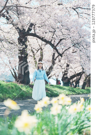 Woman tourist sightseeing Kitakami Tenshochi Park with Sakura Cherry Blossom in Spring, traveler travel in Kitakami festival, Iwate prefecture, Japan. Landmark for Travel and Vacation destination 128777379