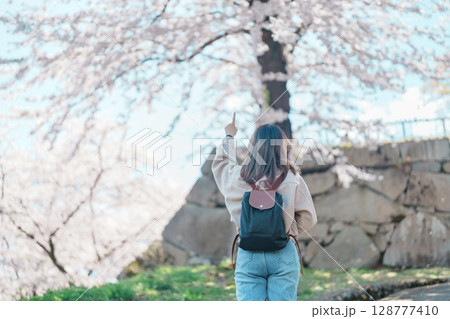 Woman tourist sightseeing Sakura Cherry blossom at Morioka Castle Ruins park in Spring, happy traveler travel in Iwate Park, Iwate prefecture, Japan. famous Landmark Travel and Vacation destination 128777410