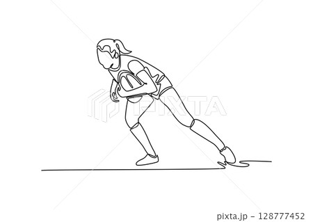 Single continuous line drawing female rugby player on field for match, practice, game in competition. Teamwork performance for winning ball to score. One line draw graphic design vector illustration 128777452