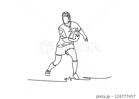 Single one line drawing fit male rugby athlete running in training session. Professional sportsman career. Health, action, motion, competition. Continuous line draw design graphic vector illustration Single one line drawing fit male rugby athlete running in training session. Professional sportsman career. Health, action, motion, competition. Continuous line draw design graphic vector illustration 128777457
