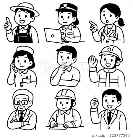 働く9人の職業キャラ・白黒シンプルな手描き風イラストセット 128777540