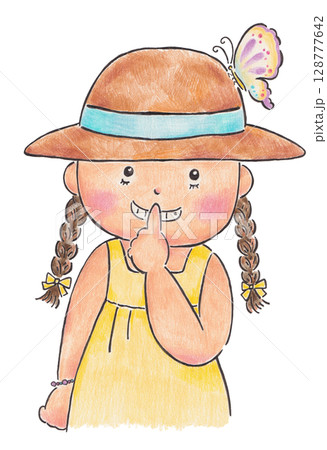 女の子の麦わら帽子に蝶がとまっているイラスト 女の子の麦わら帽子に蝶がとまっているイラスト 128777642