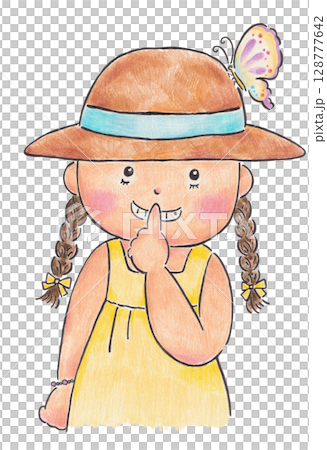 女の子の麦わら帽子に蝶がとまっているイラスト 女の子の麦わら帽子に蝶がとまっているイラスト 128777642