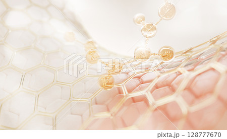 3d epidermis skin layer with hexagon cell pattern and molecule. Gold liquid honeycomb texture with cosmetic oil drop, collagen serum, retinol vitamin, hyaluron essence for moisture. 3D illustration 3d epidermis skin layer with hexagon cell pattern and molecule. Gold liquid honeycomb texture with cosmetic oil drop, collagen serum, retinol vitamin, hyaluron essence for moisture. 3D illustration 128777670