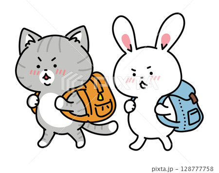 リュックサックを背負うキリリ顔の猫ちゃんとうさぎさん 128777758