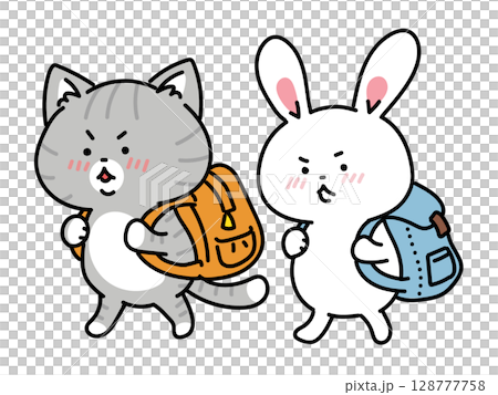 リュックサックを背負うキリリ顔の猫ちゃんとうさぎさん 128777758