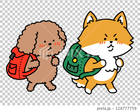 Dogs with serious faces carrying backpacks Dogs with serious faces carrying backpacks 128777759